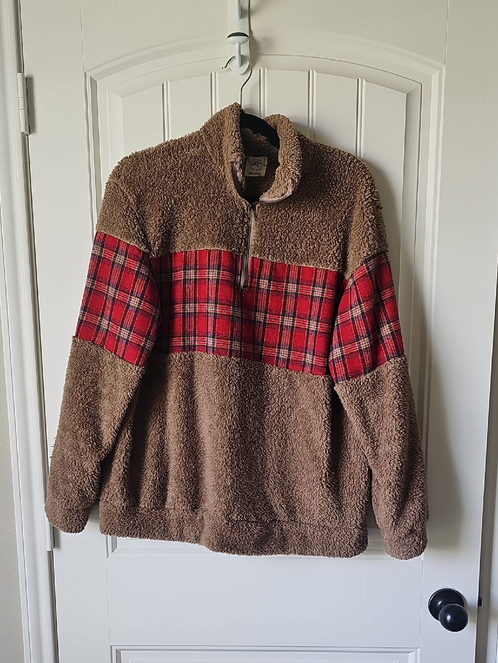 Brown Sherpa Quarter-Zip Pullover with Red Plaid Chest